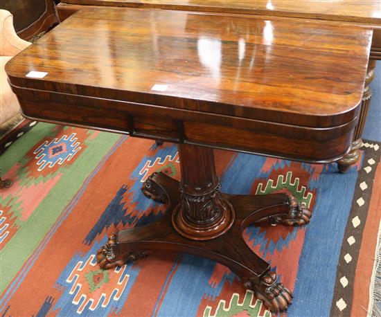 A mid Victorian rosewood folding card table, W.91cm